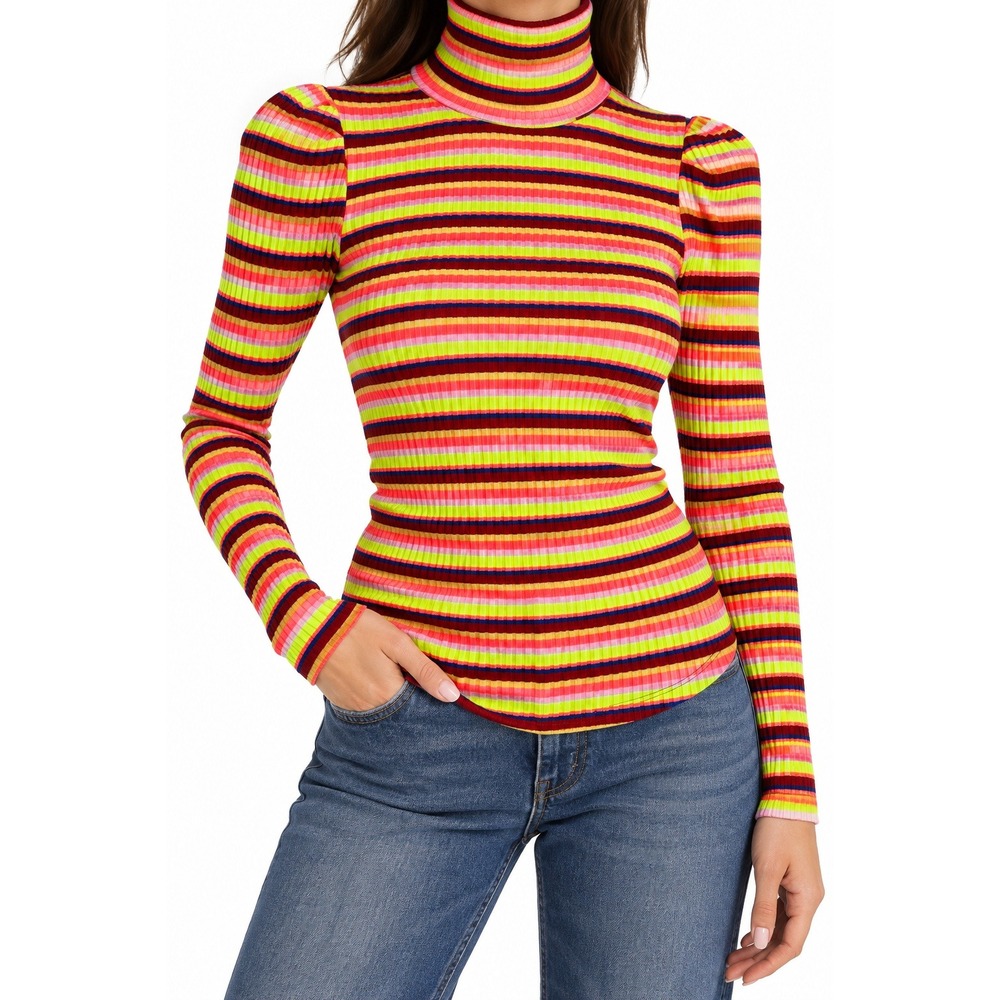 Urban Outfitters Striped Ribbed Turtleneck Puff Shoulder Top M Neon Psychedelic